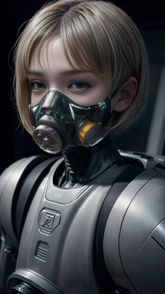 (masterpiece:1.2,high quality), One girl, ((Ultra-Realistic Details)), Global Illumination, Shadow, Real Engine, Octane Rendering, 8K, Ultra Sharp, Metal, Complex, Decorations detailed, highly (((Complexdetails))),(((Lots of instruments))) Yellow Eyes, (Mechanical body:1.2), Gray Hair, (Black gas mask), Equipment, ((Bobcut)), (((wire))), Terran, (robot, Android:1.15), Apocalypse, Broken Building、Perfect Style、Perfect balance、Fine skin、A gentle gaze、((Delicate painting)),(Detailed RAW photos of girls), (Masterpiece:1.25), (最high quality:1.6), (Ultra-high resolution:1.5), (It's realistic.:1.75), 8K resolution, Canon EOS R5, 50mm, Absurd, Very detailed,Cinema Lighting、