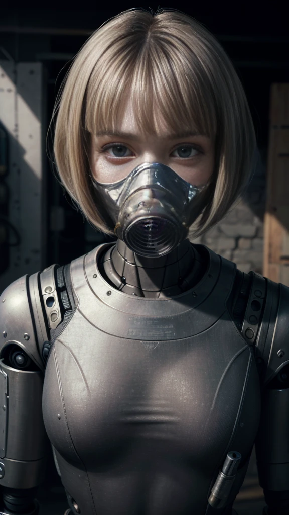 (masterpiece:1.2,high quality), One girl, ((Ultra-Realistic Details)), Global Illumination, Shadow, Real Engine, Octane Rendering, 8K, Ultra Sharp, Metal, Complex, Decorations detailed, highly (((Complexdetails))),(((Lots of instruments))) Yellow Eyes, (Mechanical body:1.2), Gray Hair, (Black gas mask), Equipment, ((Bobcut)), (((wire))), Terran, (robot, Android:1.15), Apocalypse, Broken Building、Perfect Style、Perfect balance、Fine skin、A gentle gaze、((Delicate painting)),(Detailed RAW photos of girls), (Masterpiece:1.25), (最high quality:1.6), (Ultra-high resolution:1.5), (It's realistic.:1.75), 8K resolution, Canon EOS R5, 50mm, Absurd, Very detailed,Cinema Lighting、