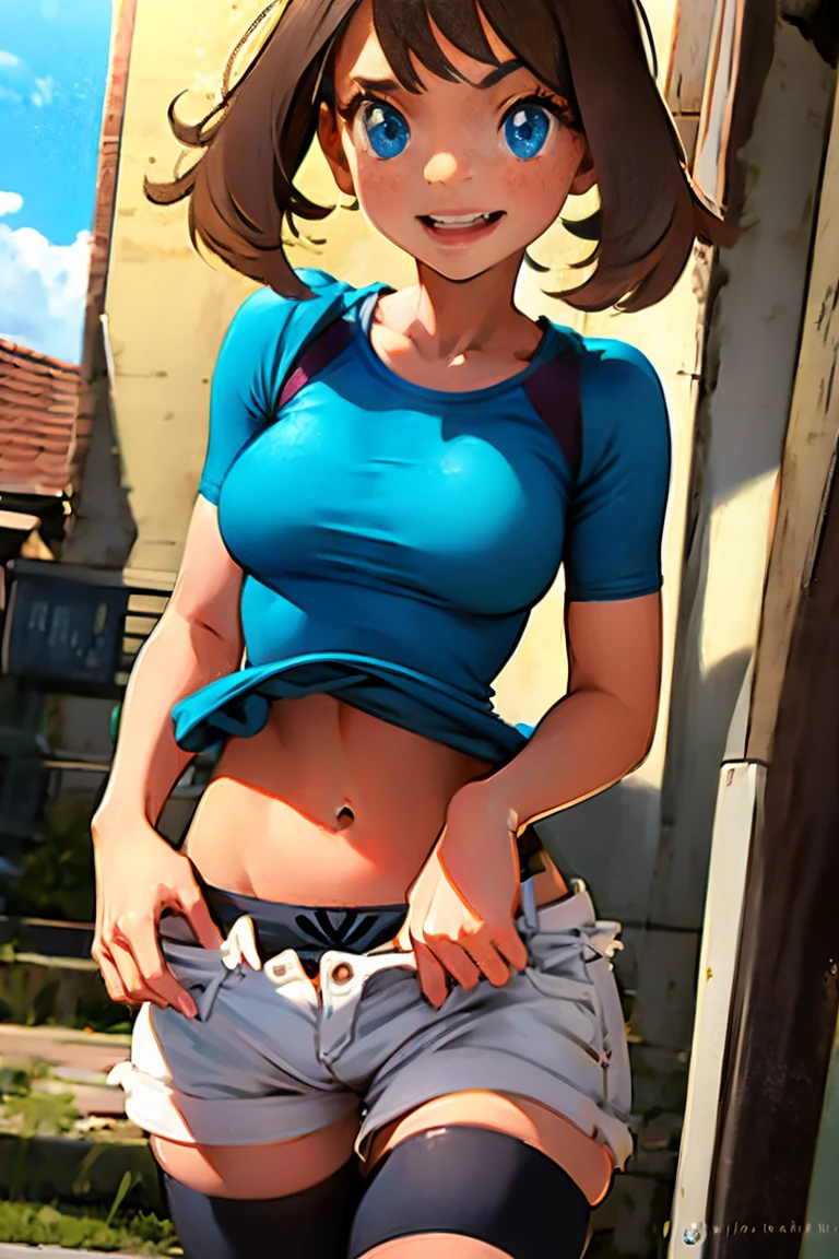 (((solo.))),((Looking here)),facial close-up,masutepiece, Best Quality, deep constriction of the torso,,,,,,,,,,,,,,,,,,,,abdominals,Clothes Combing,Showing,rather small udder,Delicate clothing depiction,toppless,Saggy,A smile,pleasing face,,embarrassed from,Looks fun,Looking at Viewer, Generation 9, May \(The pokemon\), bike shorts under shorts, White trousers, rather slender torso,girl with,top-quality,,embarrassed from, out,just,Shiny body,barechested,Takushi,Exposing your nakedness,Kaire Style,gals,Haruka_City,NSFW,Clothes lift,Brown hair,laughingly, conjoined, two headed, 2headed,