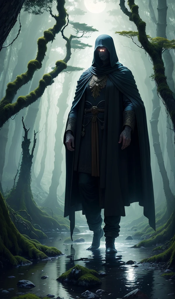 A dense, magical forest under moonlight, with ancient, towering trees covered in luminous moss, a clear stream flowing through, and a shadowy figure standing by the water's edge
