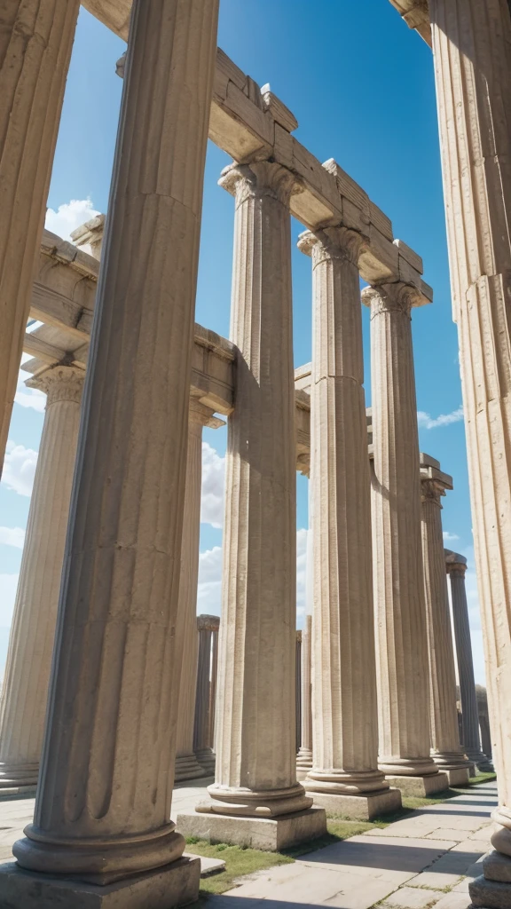 Roman temple with columns: A well-preserved Roman temple, with towering columns and a clear sky in the background. Natural lighting with deep shadows that highlight the columns.