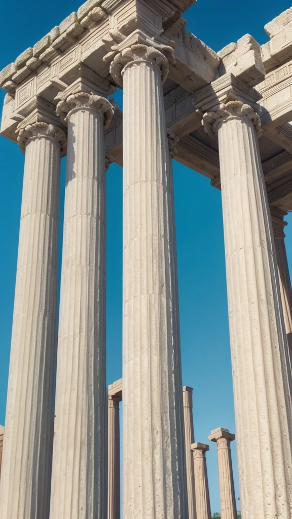 Roman temple with columns: A well-preserved Roman temple, with towering columns and a clear sky in the background. Natural lighting with deep shadows that highlight the columns.