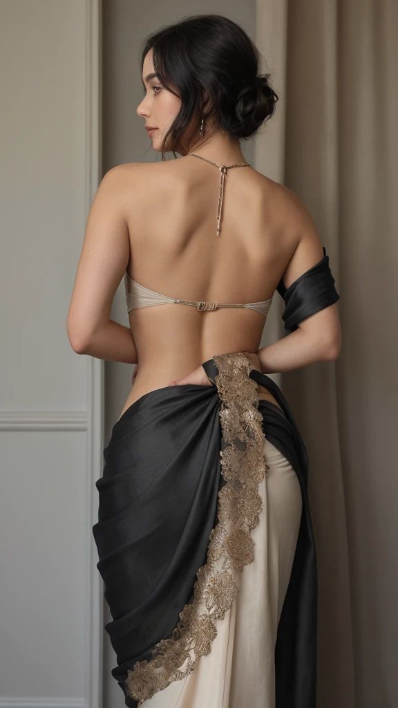 In the image generated, a woman exudes elegance and grace as she stands in a beautifully draped silk saree. The fabric is luxurious, with a smooth texture that enhances the drape, showcasing its high-quality craftsmanship. The saree features intricate embroidery along the border, adding a touch of traditional artistry to its vibrant color palette of deep blues and shimmering golds. The pallu drapes elegantly over her shoulder, adorned with motifs that tell a story of heritage and craftsmanship.

Her blouse, crafted from the same silk as the saree, fits perfectly, accentuating her figure without revealing too much. The neckline is modest yet alluring, complemented by delicate embroidery that mirrors the design on the saree. Her makeup is impeccable, with deep eyeliner that enhances the shape of her eyes, complemented by a subtle eyeshadow that highlights their natural beauty. Her lips, painted in a shade that complements the saree, add a touch of sophistication to her overall look.

The woman's hair, styled in black waves that cascade down her back, adds to the overall allure of the image. Each strand seems to catch the light, creating a mesmerizing effect that frames her face beautifully. Her stance is confident yet graceful, as she poses with one hand resting lightly on her hip, the other gently holding the pallu of her saree.