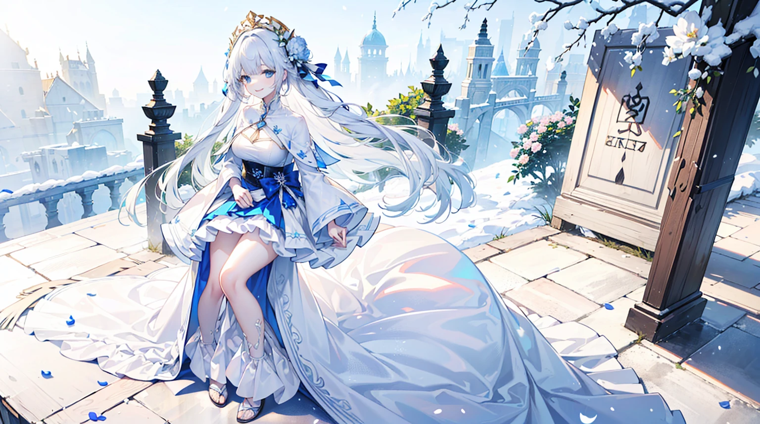 ((best quality，masterpiece，Extremely complex and exquisite details，There is only one beautiful girl with long white straight hair and blue eyes，Smile，long skirt))，(Exquisite light blue and white clothing，Beautiful bright and exquisite snow white ancient style high transparent architectural background)，(correct anatomy，exquisite face)，(Snow，Falling Flowers，Majestic and elegant outdoors)，((Long-distance full body picture of a single person))
