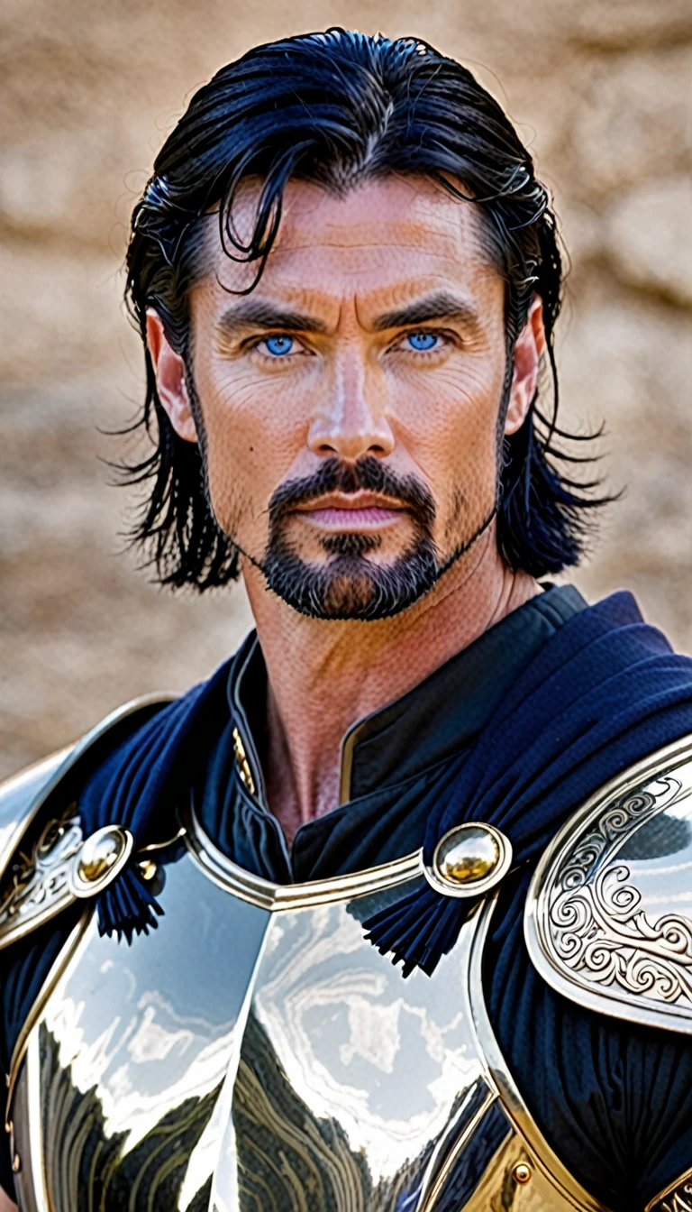 40 year old man King Dark blue eyes short black hair strong white and handsome warrior