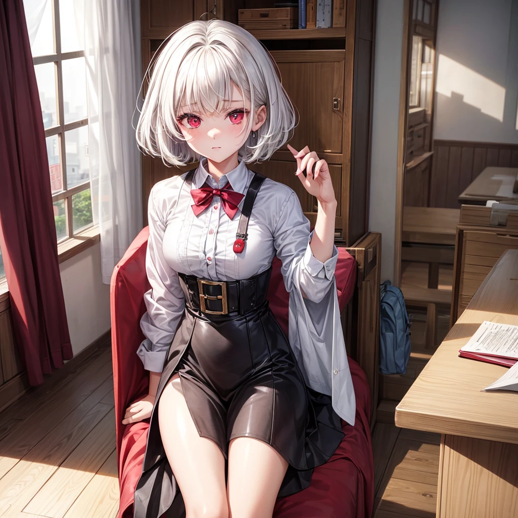 13 year old girl ,one lens ,short white hair dark red eyes, Orudera High (bottom : an Orudera secondary school)