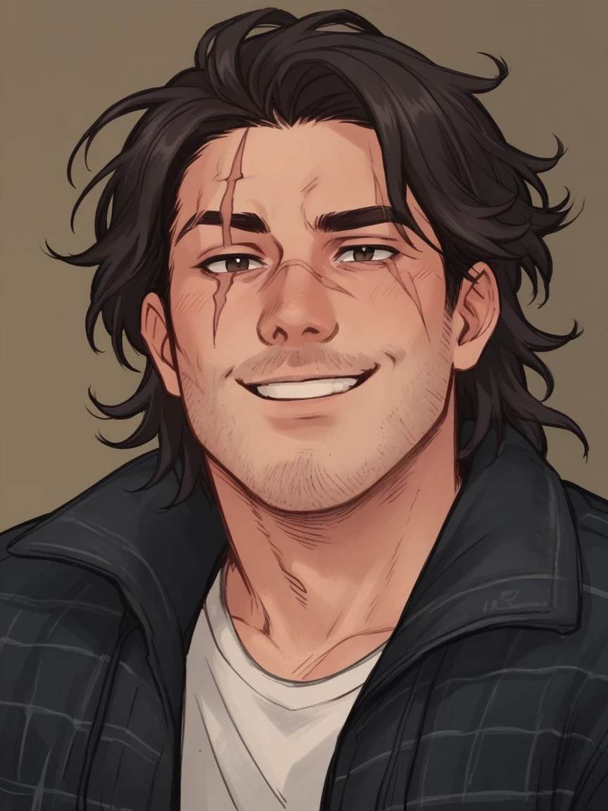 score_9, score_8_up, score_7_up, score_6_up, score_5_up, score_4_up, wh33z13, 1 adult man, smiling, white skin, long dark hair, facial hair, big scar on letf eye