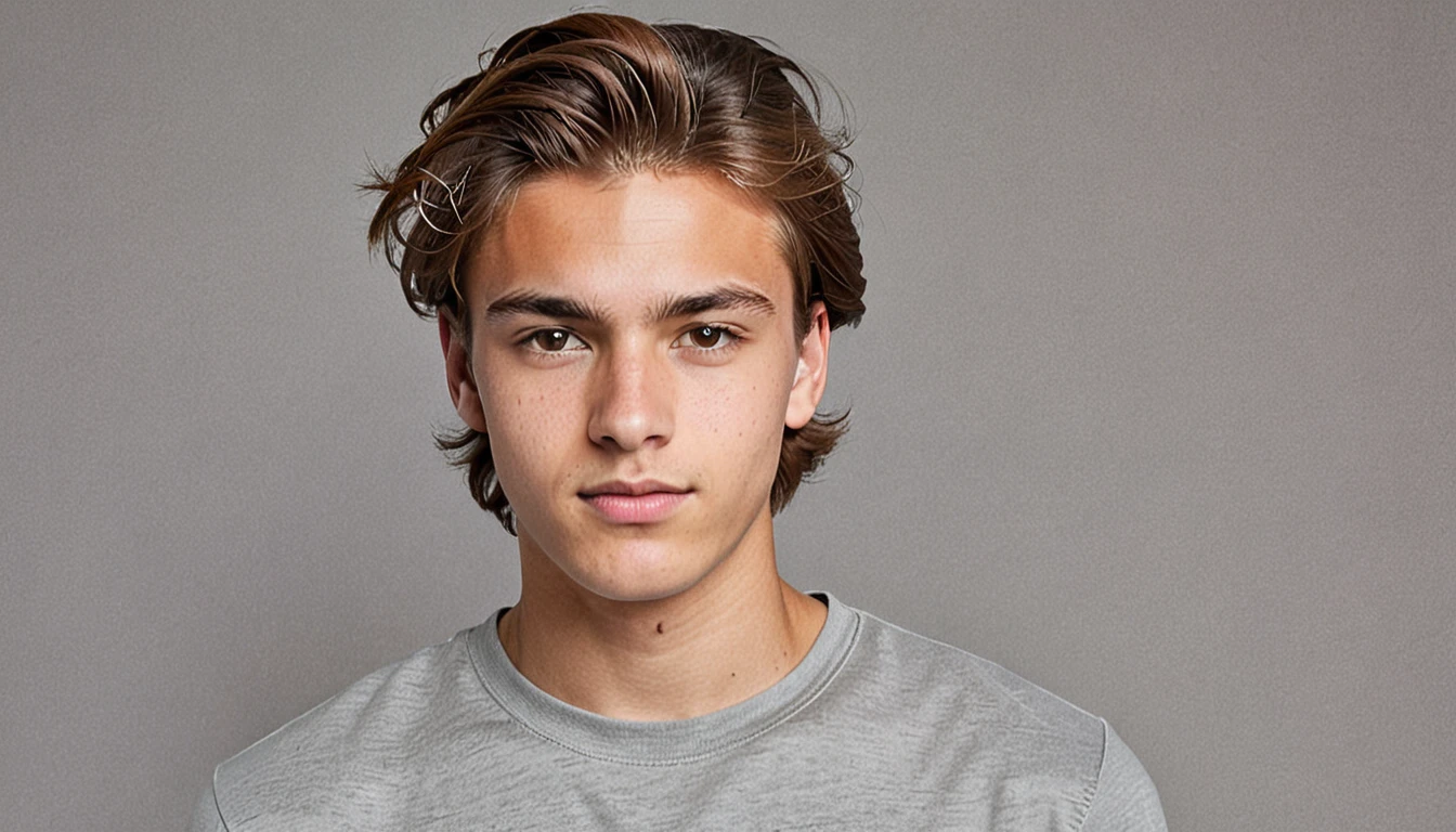 Create an image of a young man with light brown hair, short and combed to the side, Wearing a gray t-shirt. The young person must have a neutral facial expression and be looking directly at the camera, facing the camera, centralized no frame, sem cortes. In the background of the young man a solid neutral color