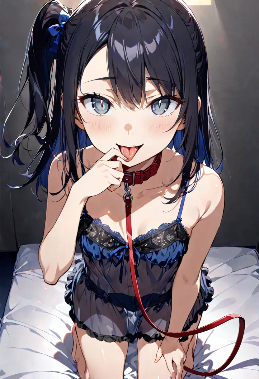 finger to mouth,lick,from front,front view,looking at viewer, looking ahead,from above,cowboy shot,1girl,Beautiful old girl,Japanese,Slender,,low length,Small breasts,Thin legs,Small Ass,Baby Face,Small face,Black Hair,one side up,Gray Eyes,slit pupils,Drooping eyes,middle School girls,A see-through black and blue negligee,lingerie,Collar with leash,open mouth,tongue out,front face,Kneeling,Straight Stand,Beautiful and detailed anime art,Mischievous smile,Sexy vibe,cum on tongue,Dimly lit room,On the bed,Simple Background,Gray background,Low lighting,