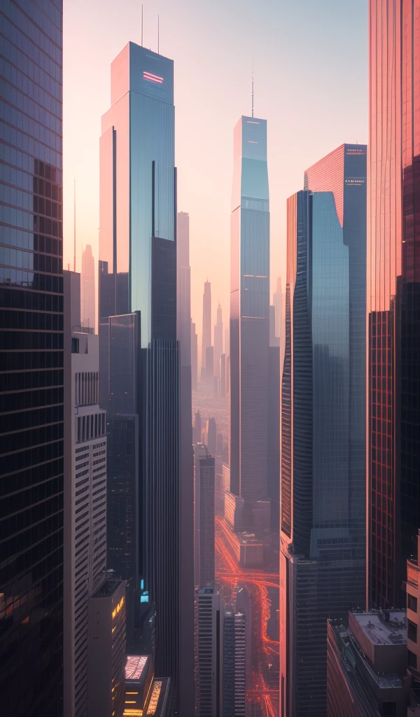 A futuristic cityscape at sunrise, with tall skyscrapers of glass and metal, flying cars speeding through the air, neon signs lighting up the streets below, and a lone figure in a sleek, futuristic suit overlooking the city from a rooftop