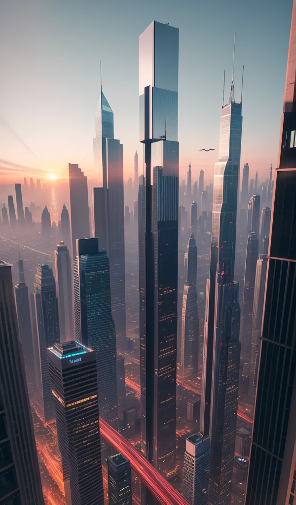 A futuristic cityscape at sunrise, with tall skyscrapers of glass and metal, flying cars speeding through the air, neon signs lighting up the streets below, and a lone figure in a sleek, futuristic suit overlooking the city from a rooftop