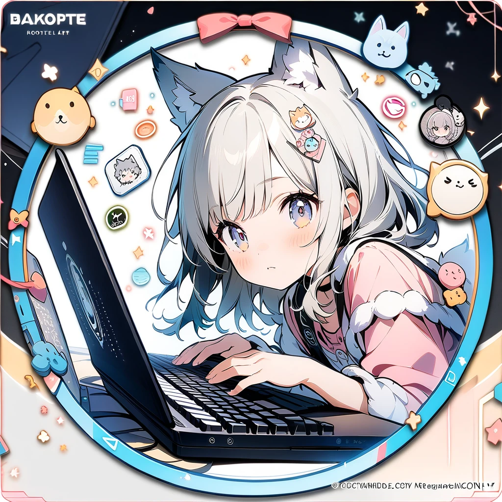 (circle frame1.7),1girl,solo,wolf ears,, masterpiece art, on the computer, keyboard, pc,typing on the keyboard, cute girl,icon, circle frame,