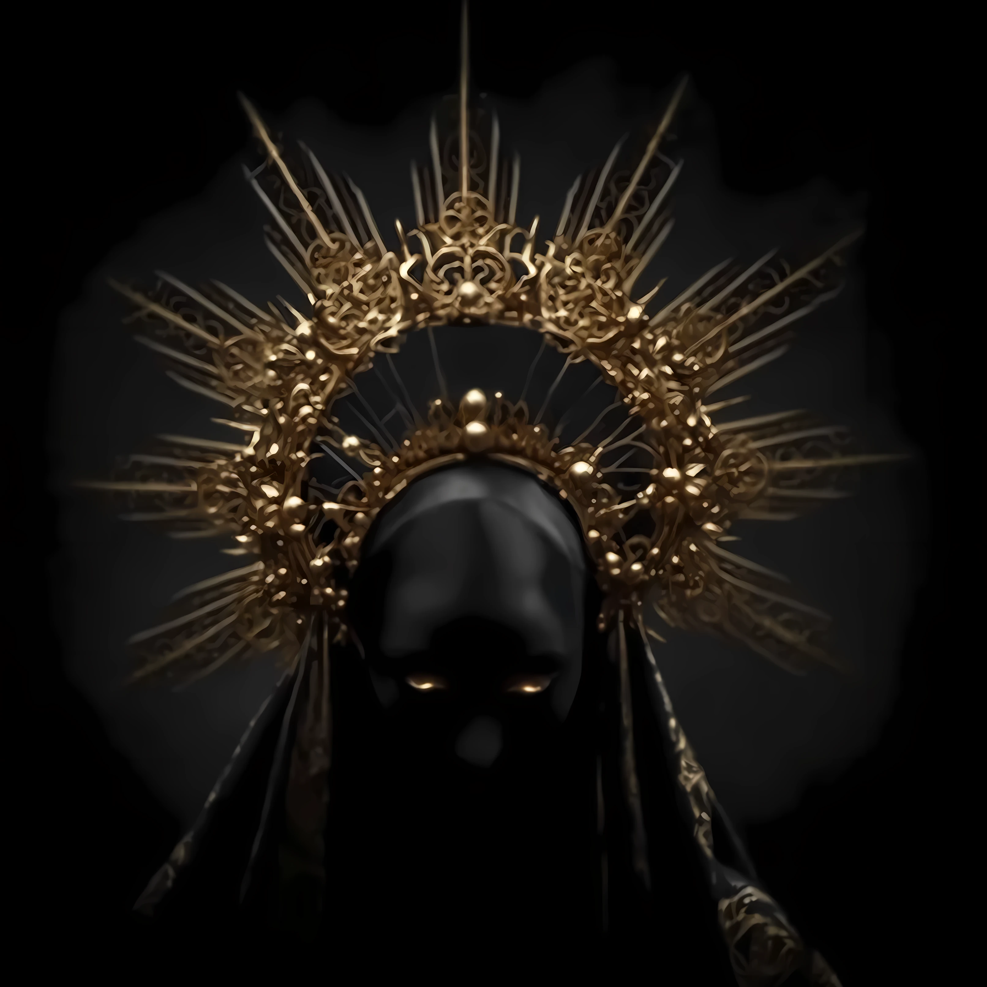 a woman wearing a black fabric mask, golden halo above her head, detailed and realistic, dramatic lighting, cinematic, highly detailed, intricate, elegant, chiaroscuro, dramatic, moody, dark, mystical, fantasy, digital art