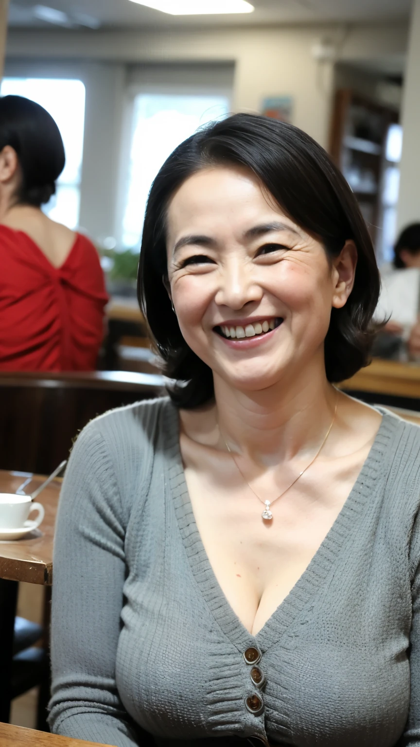 8k wallpaper, masterpiece, Highest quality, Super detailed, One Mature Woman, 50 years old, Become very clear, Wearing a short-sleeved knit, Skin dents, Captivating smile, Looking at the audience, Cleavage, plump, Curvaceous, Fascinating face, Smiling with teeth showing, I was happy, Sitting in a cafe, Background Blur