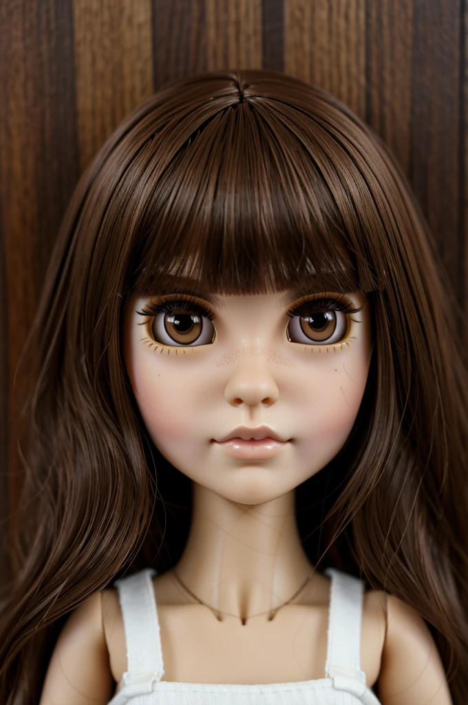 blythe doll with brown eyes, white brown skin, smooth fur, with sparse fringe, Brown hair, piercing septum y nostril