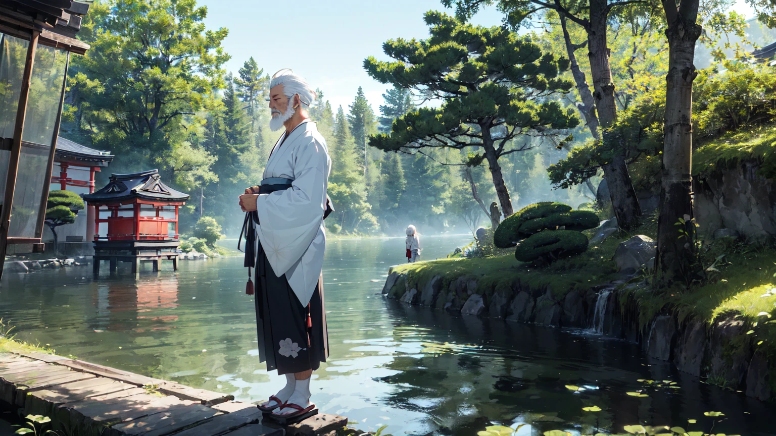 deep forest, (Japanese old vagabond, white beard, white hair, old Japanese cloth:1.4), closed eyes, standing on lake in forest, full body, panorama view, magnificent view, absurdres, 8k, detailed plants