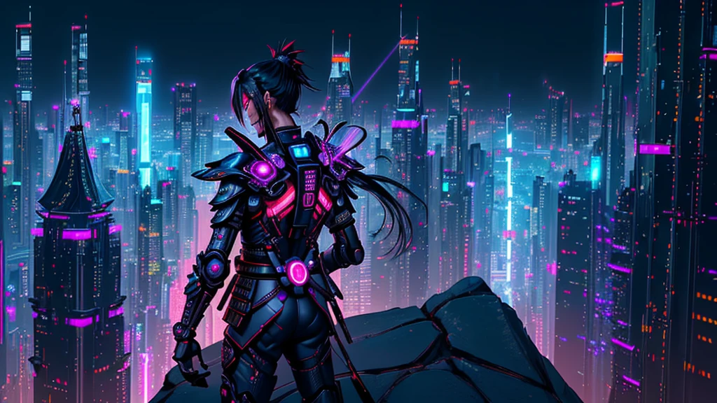 Design a futuristic samurai warrior standing on a cliff overlooking a cyberpunk cityscape at dusk. The samurai is clad in traditional armor with a modern twist, featuring glowing neon accents. The city below is bustling with skyscrapers illuminated by neon lights and holographic advertisements. The sky is a mix of deep purples and oranges, reflecting the last rays of the setting sun