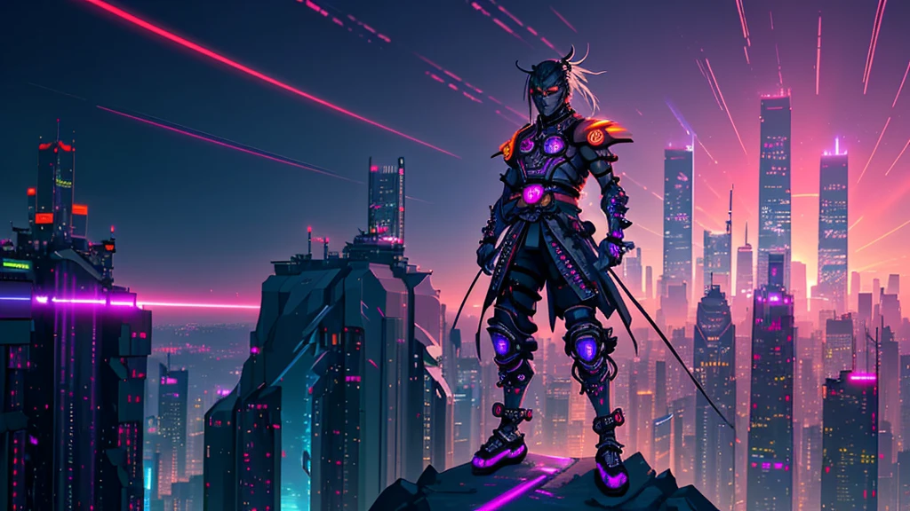 Design a futuristic samurai warrior standing on a cliff overlooking a cyberpunk cityscape at dusk. The samurai is clad in traditional armor with a modern twist, featuring glowing neon accents. The city below is bustling with skyscrapers illuminated by neon lights and holographic advertisements. The sky is a mix of deep purples and oranges, reflecting the last rays of the setting sun