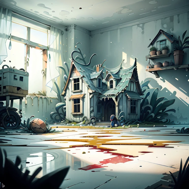 A family photo in a broken frame、Falling to the ground。The photo is in black and white、The family is smiling in the photo.。In the background is a dilapidated house、The spider web is stretched