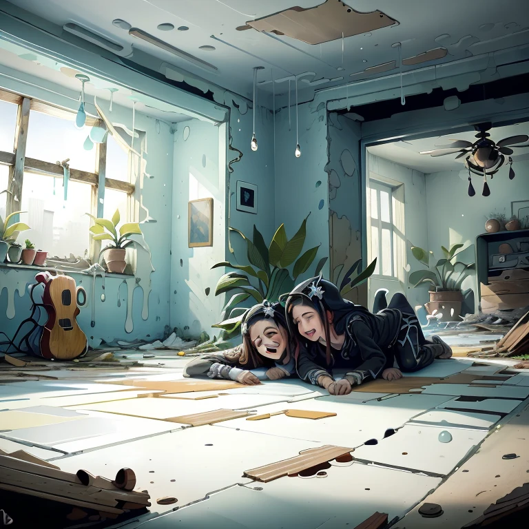 A family photo in a broken frame、Falling to the ground。The photo is in black and white、The family is smiling in the photo.。In the background is a dilapidated house、The spider web is stretched