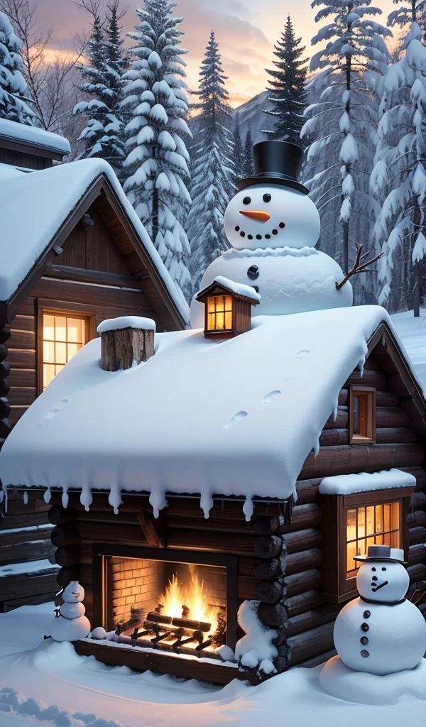 A cozy, rustic cabin in the mountains in winter, with smoke rising from the chimney, snow-covered pine trees surrounding it, a snowman in the front yard, and a warm, golden light shining from the windows, suggesting a roaring fire inside