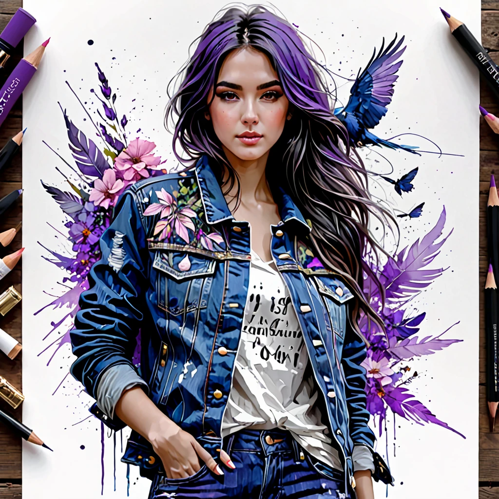 (masterpiece, 16k, ultra high res, detailed sketch, ultra realistic), 1 girl, french girl (full body view, showing entire head and feet, proportional body), 20 years old, long hair, purple mix black hair, wearing a denim jacket (detailed jacket), detailed face with proportional eyes and blush, full body sketch style, art by Carne Griffiths and Wadim Kashin, concept art, cinematic, epic, trending on artstation, full body from head to toe in frame