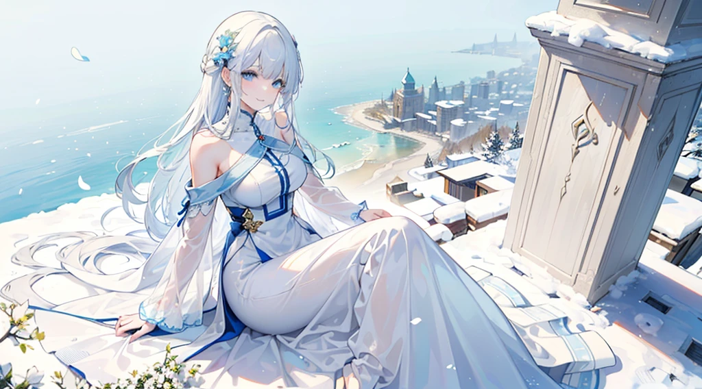 ((best quality，masterpiece，Extremely complex and exquisite details，There is only one beautiful girl with long white straight hair and blue eyes，Smile，long skirt))，(Exquisite light blue and white clothing，Beautiful bright and exquisite snow white ancient style high transparent architectural background)，(correct anatomy，exquisite face)，(Snow，Falling Flowers，Majestic and elegant outdoors)，((Long-distance full body picture of a single person))