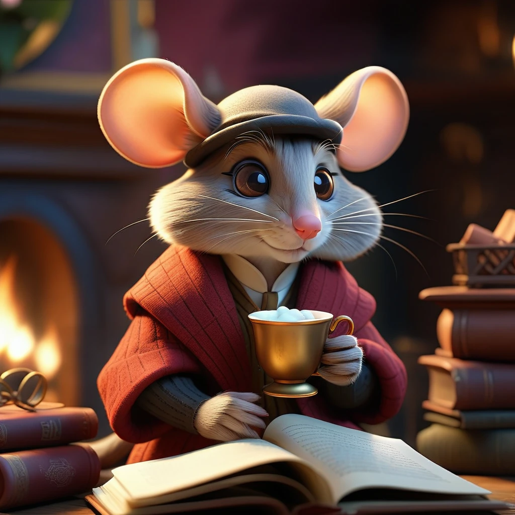 A mouse in a fancy outfit reading a book beside a fireplace, monocle, cup of hot chocolate, detailed fur, detailed clothing, cozy interior, warm firelight, high quality, cinematic, masterpiece