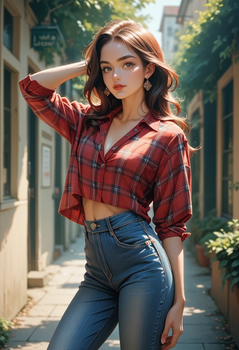 beautiful young chola, latin american, plaid blouse, lens in her hair, jeans, posing for a photograph in front of her red lowrider