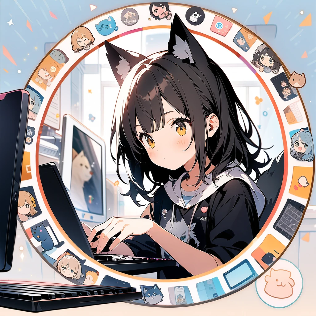 (circle frame1.7),1girl,solo,wolf ears,, masterpiece art, on the computer, keyboard, pc,typing on the keyboard, cute girl,icon, circle frame,