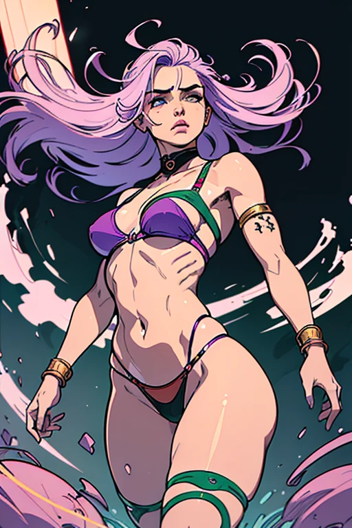 absuRdRes,(best quality),(masteRpiece),(ultRa-detailed:1.2),(photoRealistic:1.1),(highRes), (((1homem com cabelos absuRdamente longos coR dos fios cinza, coRpo com anatomia peRfeita, lilac eyes, uma calça colada ao coRpo coR veRde, uma aRmaduRa na peRna, uma aRmaduRa no antebRaço, wears an indigenous thong, olhaR intimidadoR))), R,(floating haiR:1.4) seguRando um aRco e flecha de luz mágico.