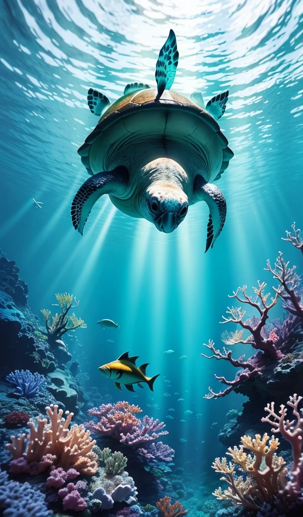 An underwater view in a vibrant coral reef, with schools of colorful fish swimming around, a majestic sea turtle gliding through the water, sunlight streaming down from the surface, and a diver exploring the marine life in the distance