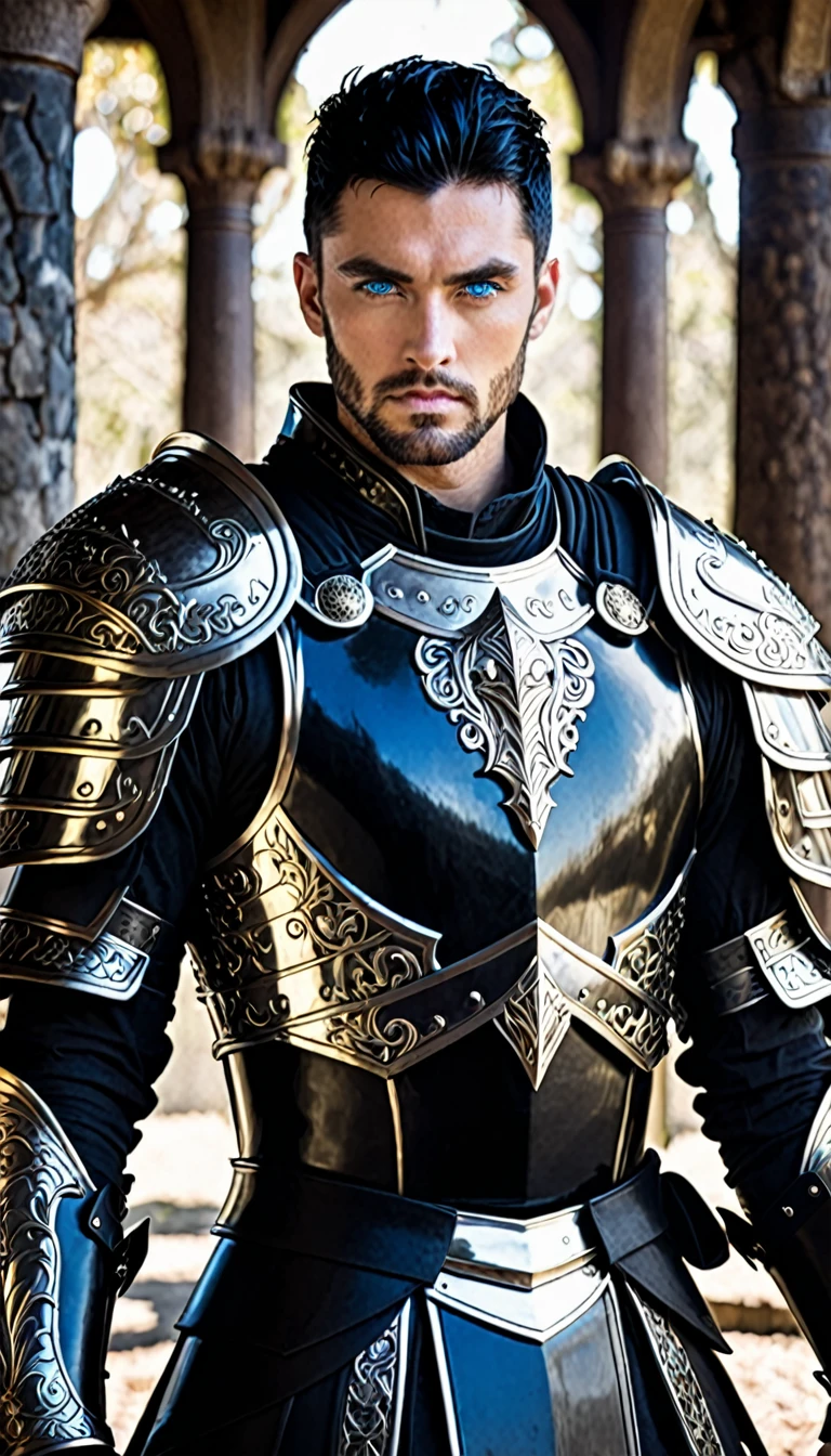 30 year old man Dark King with black armor blue eyes short black hair strong white and handsome warrior 