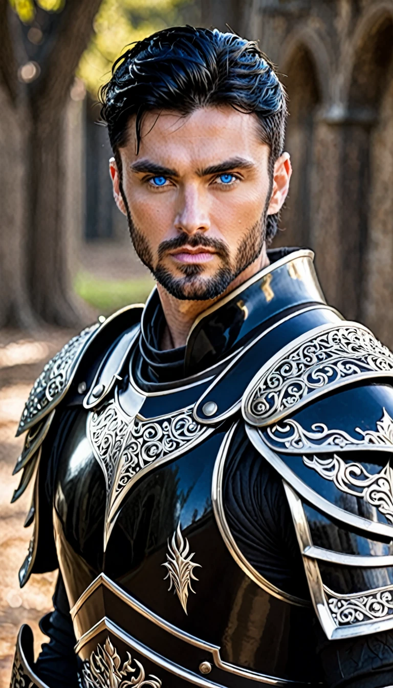 30 year old man Dark King with black armor blue eyes short black hair strong white and handsome warrior 