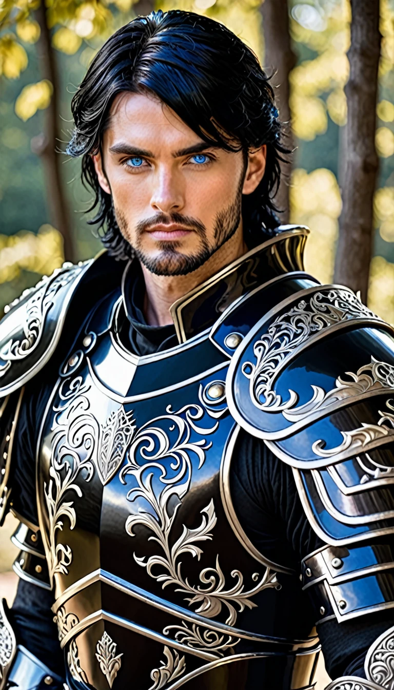 30 year old man Dark King with black armor blue eyes short black hair strong white and handsome warrior 
