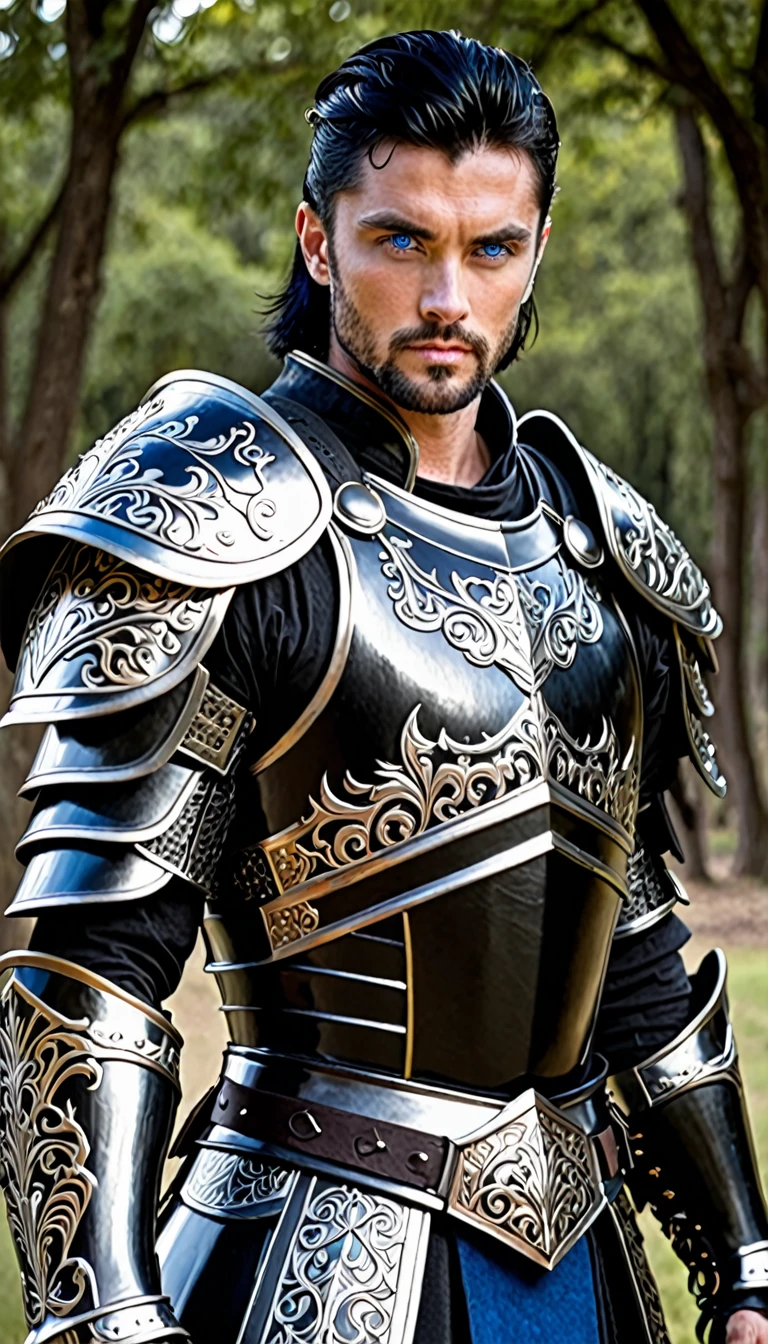 30 year old man Dark King with black armor blue eyes short black hair strong white and handsome warrior 