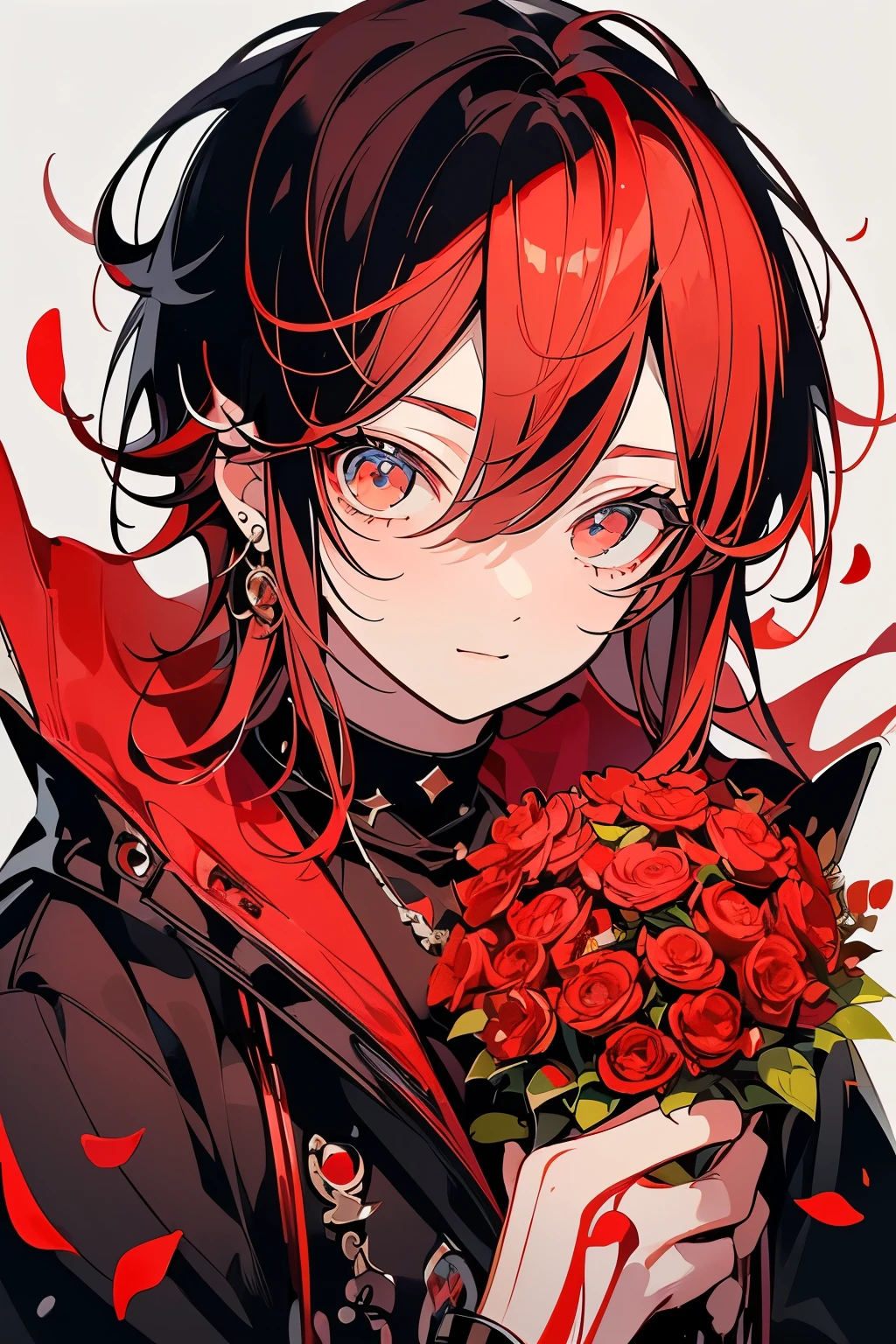 (Mastepiece), (Best Quality), Very detailed, 1 boy, Solo Shooting, Perfect Face, Beautiful Face, Very detailedな顔,(Red hair:1.3),(Big eyes:1.4),(Long eyelashes:1.4)、(Red Eye:1.3)、Lots of flowers、petal、(smile:1.3)