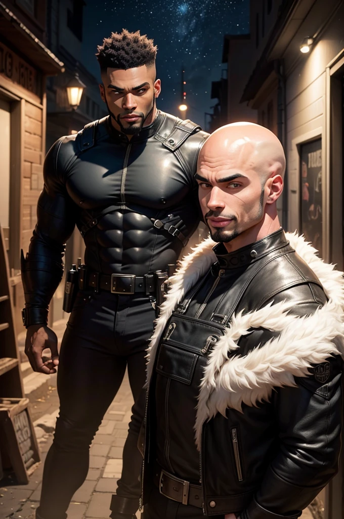 A muscular and sensual young wild afro black werewolf, with bright red eyes, all bald and with a goatee wearing a leather jacket, standing with a big old giant classic super motorcycle through a small town in the interior of the country at night with an evil entity watching among the stars and with a young beautiful blonde woman in a sexy uniformed police officer standing next to him very well armed with a mischievous smile right next to him.