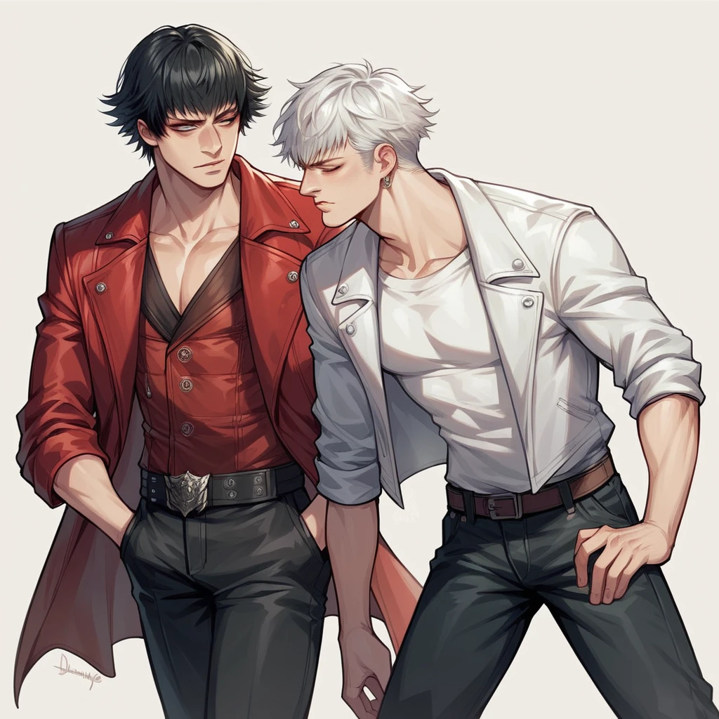 1 man, 1 woman, lady (from devil may cry 5:1.1), white jacket, black hair, black pants, with 1 beautyfull man, dante (from devil may cry 5:1.1), red jacket, white hair