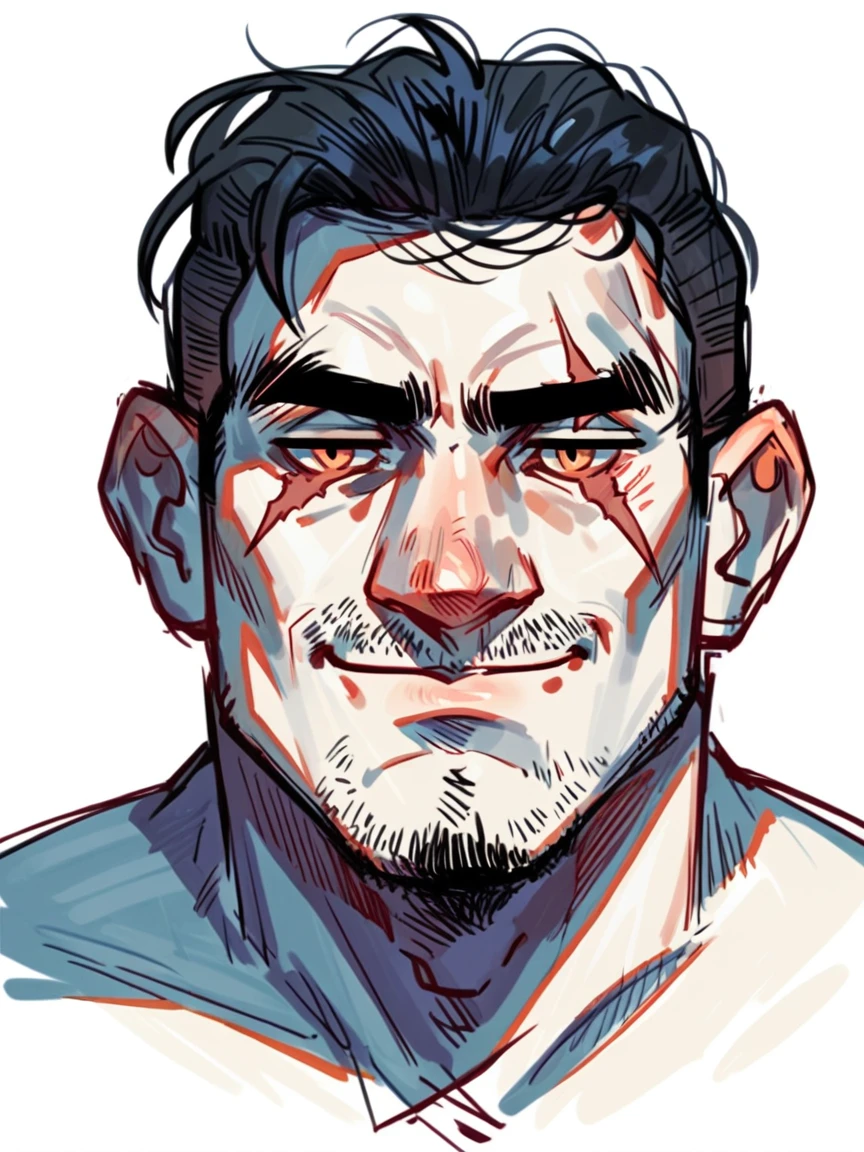 score_9, score_8_up, score_7_up, score_6_up, score_5_up, score_4_up, c0l0ursk3tch, sketch, 1 adult man, smiling, white skin, long dark hair, facial hair, big scar on letf eye