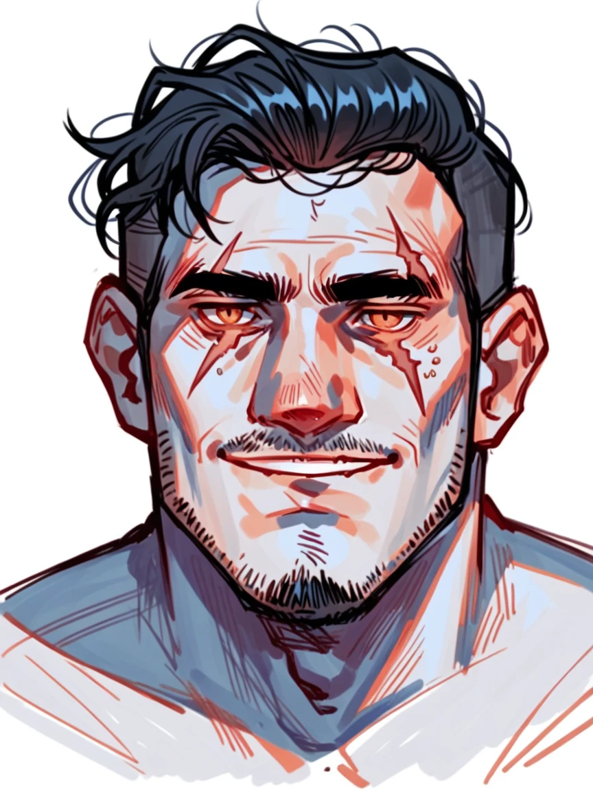 score_9, score_8_up, score_7_up, score_6_up, score_5_up, score_4_up, c0l0ursk3tch, sketch, 1 adult man, smiling, white skin, long dark hair, facial hair, big scar on letf eye