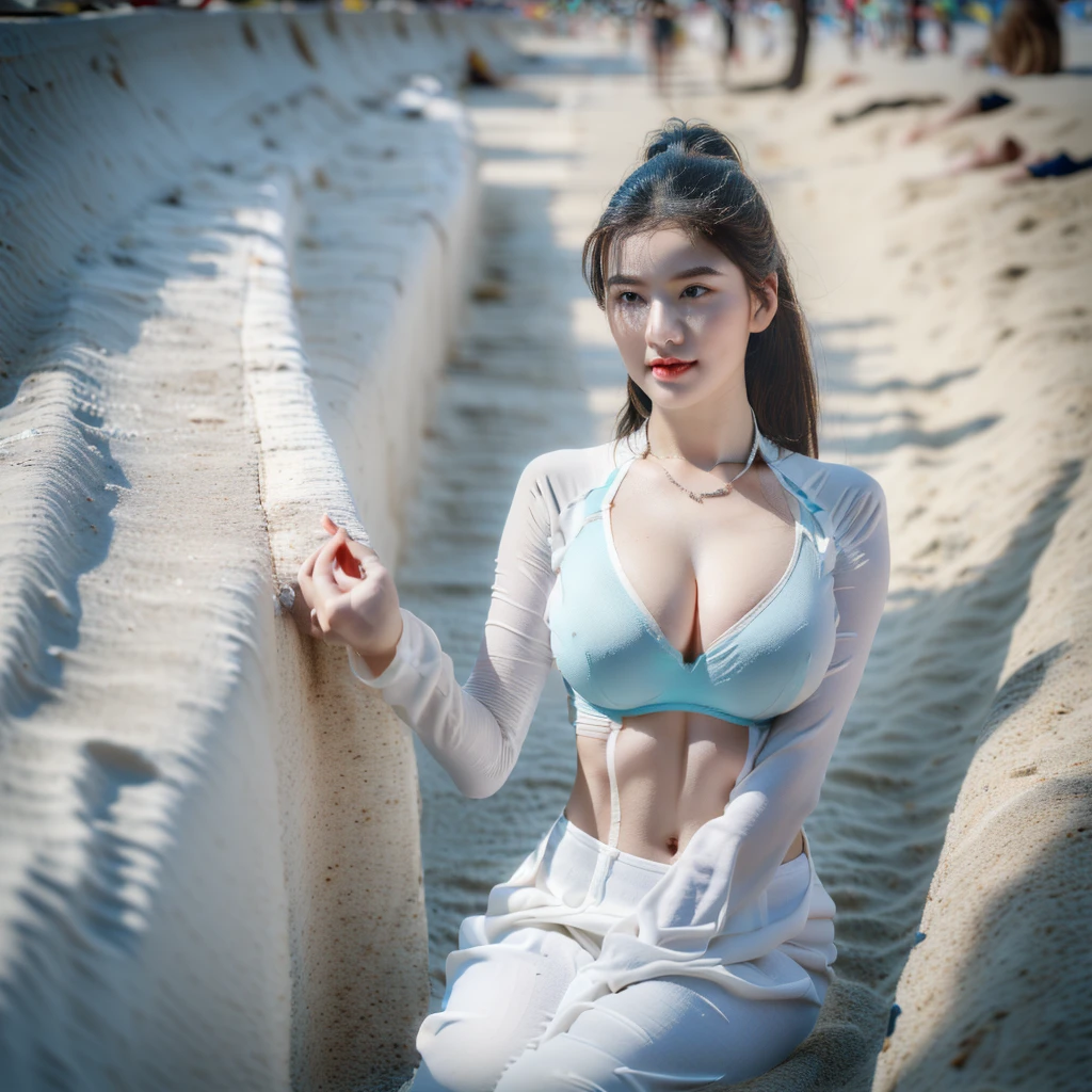 big breasts, round breasts, wearing bra inside ao dai, slim figure, beautiful figure, big breasts, ponytail, sharp 8k quality photo, ((beautiful, sharp, balanced face details) for )), ((beautiful breasts, exposed cleavage, plump body), ((beautiful sparkling eyes, sharp eye details, beautiful face)), at the beach there are many bikinis, white sand beach, sea water blue, many people at the beach((super beautiful body with high details, toned body with big bust and slim waist)), ((thin cleavage, round breasts)), (((wearing black bra, wearing long pants wide white)))
