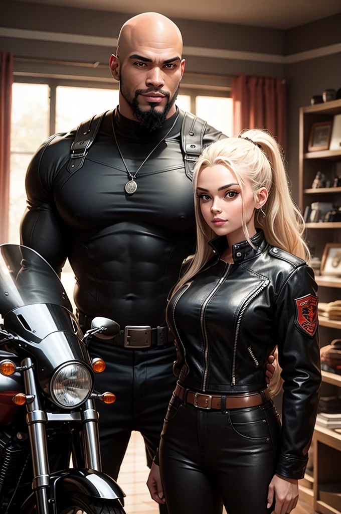 A muscular and sensual young wild afro black werewolf, with bright red eyes, all bald and with a goatee wearing a leather jacket, standing with a big old giant classic super motorcycle through a small town in the interior of the country at night with an evil entity watching among the stars and with a young beautiful blonde woman in a sexy uniformed police officer standing next to him very well armed with a mischievous smile right next to him.