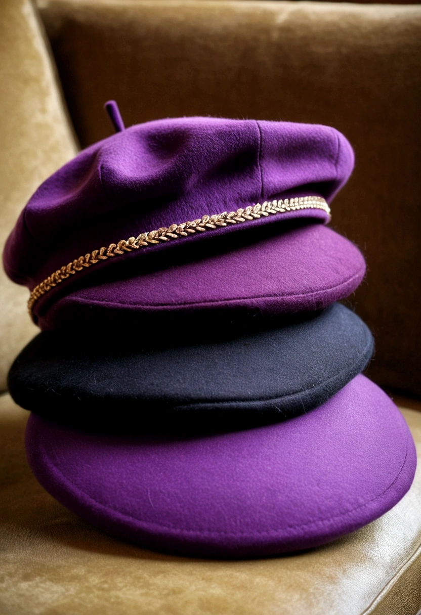 3 classic purple women&#39;s beret on a sofa 