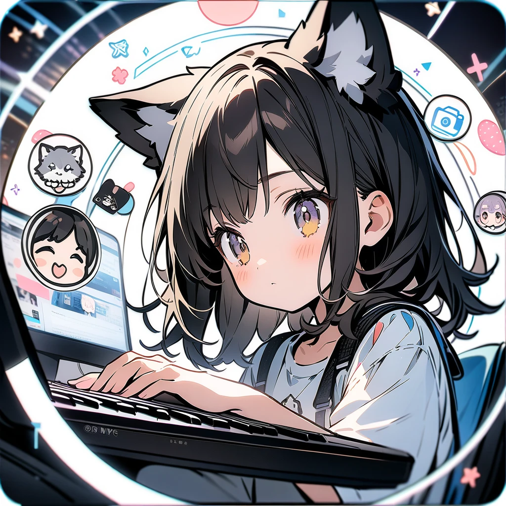 (circle frame1.7),1girl,solo,wolf ears,, masterpiece art, on the computer, keyboard, pc,typing on the keyboard, cute girl,icon, circle frame,