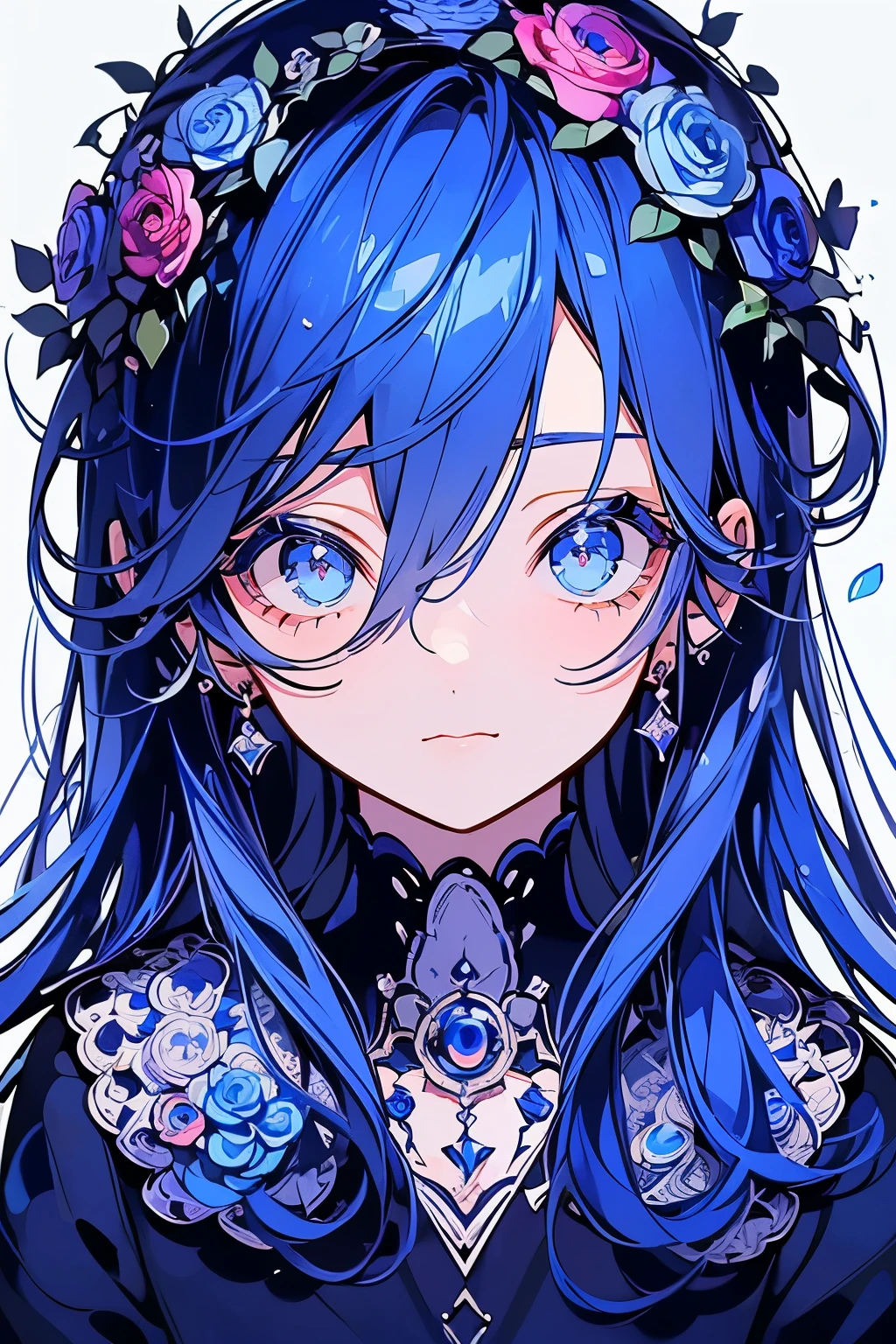 (Mastepiece), (Best Quality), Very detailed, 1 boy, Solo Shooting, Perfect Face, Beautiful Face, Very detailedな顔,(Blue Hair:1.3),(Big eyes:1.4),(Long eyelashes:1.4)、(Blue Eyes:1.3)、Lots of flowers、petal、(smile:1.3)