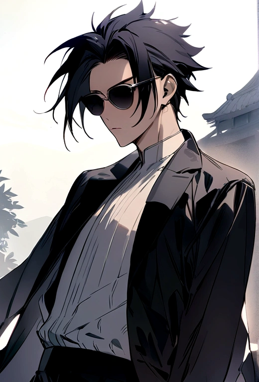 best quality, masterpiece, Ultra-high resolution, (Perfect face),Sasuke Uchiha,Wearing sunglasses,light