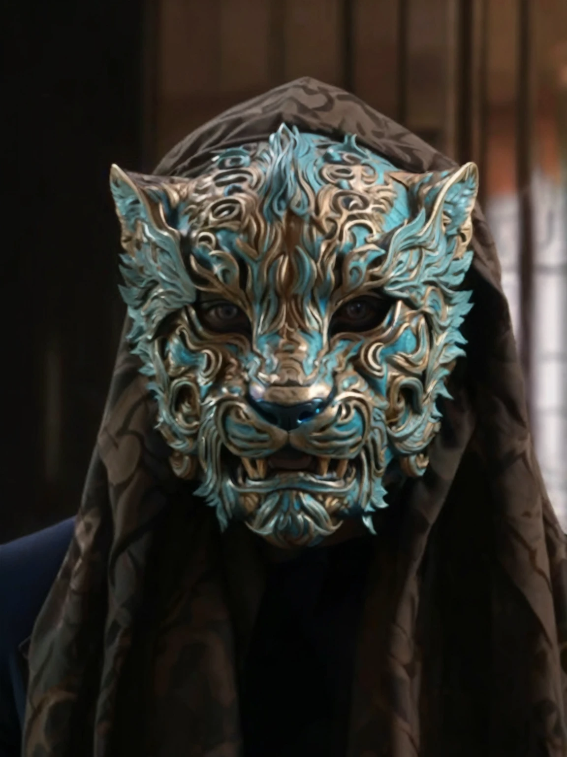 1 blue tiger mask, highly detailed tiger mask, intense blue color, black clothes, dramatic lighting, photorealistic, 8k, hyper detailed, cinematic, atmospheric, moody, chiaroscuro, dramatic shadows, glowing eyes, intricate textures, lifelike, masterpiece, (best quality,4k,8k,highres,masterpiece:1.2),ultra-detailed,(realistic,photorealistic,photo-realistic:1.37)