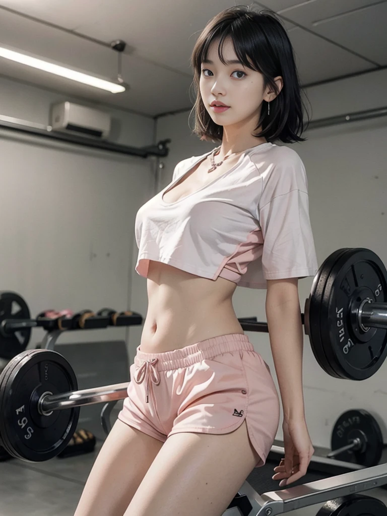 The highest image quality, Raw-Photo, The ultra-Highres, gentle smiling, 16 year old Korean, Big breasts, cleavage, Fair skin, shiny white skin, Short bob, Light silver hair, Neatly matching bangs, Cropped T-shirt, sportwear, running shorts, beautidful eyes, Beautiful eyes in random colors, Very thin lips, Beautiful eyes with details, Elongated eyes, pale pink cheeks, long eyeslashes, beautiful double eyelids, eyeshadows, beautiful thin legs, beautiful belly button, beautiful abs, Beautiful ribs, Earrings, necklaces, Training room, gym, big size ass, view from behind, View from below
