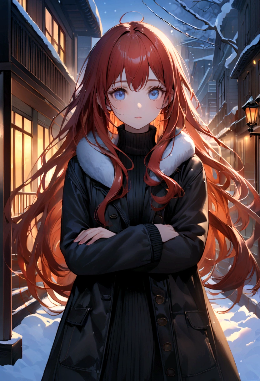 Create a realistic image of a young girl with red hair and fair skin. The girl has long flowing hair and expressive blue eyes. She is wearing a black coat and a black sweater, standing in front of a winter cityscape with snow-covered streets and buildings. The overall look should convey the cold season and the atmosphere of a city street, with an emphasis on the natural beauty and calm expression of the girl’s face.
